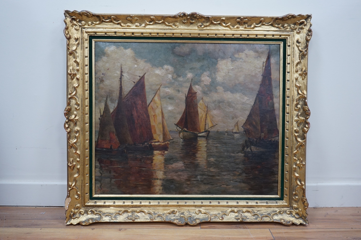 Manner of Priestman, oil on board, Sailing boats, 52 x 63cm, ornate gilt frame. Condition - good